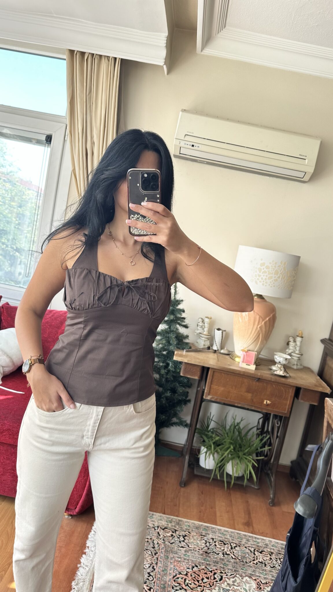 Chocolate Ruched Tie-Front Top