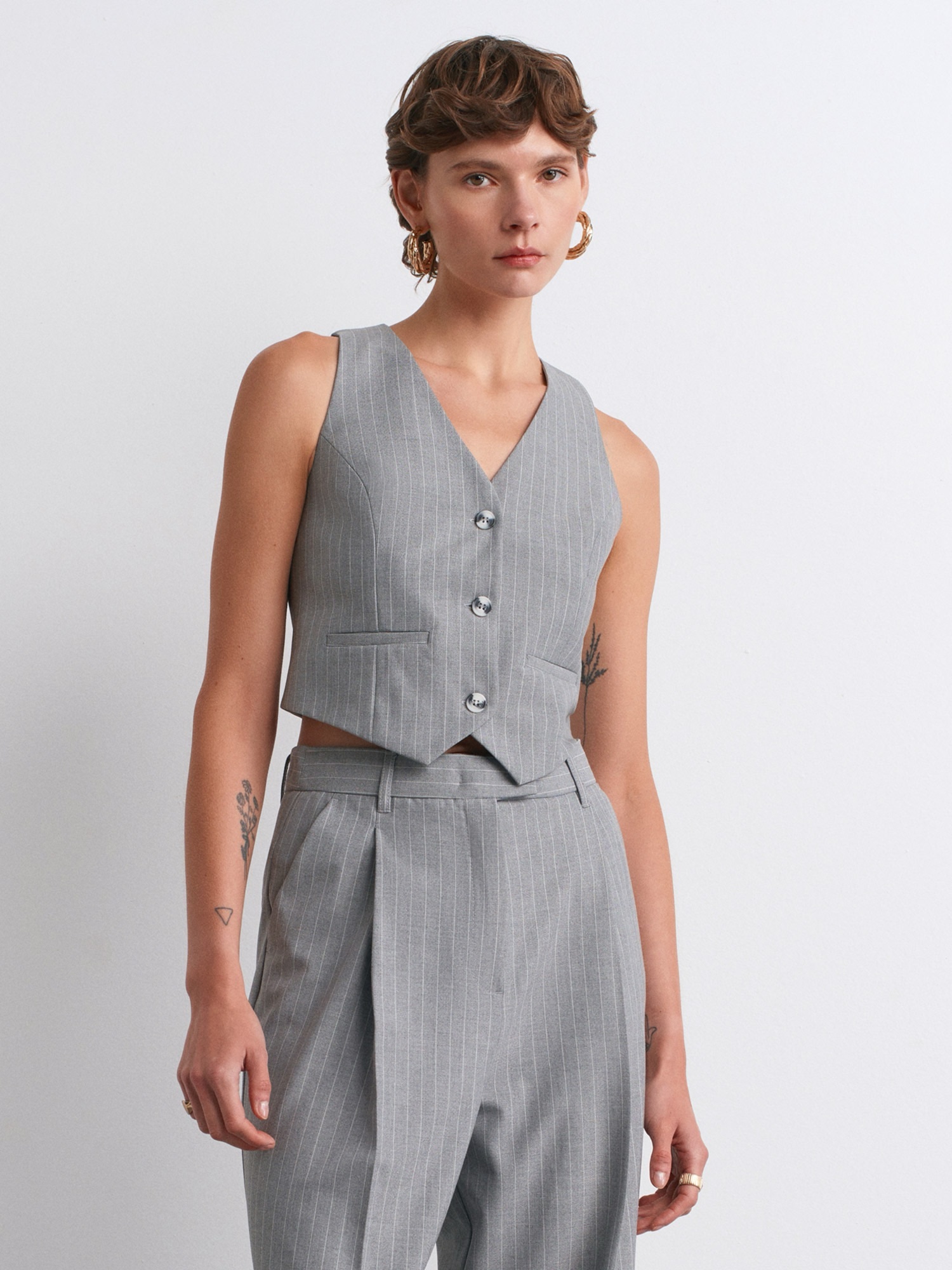 Charcoal Pinstripe Lace-Back Vest - Image 3