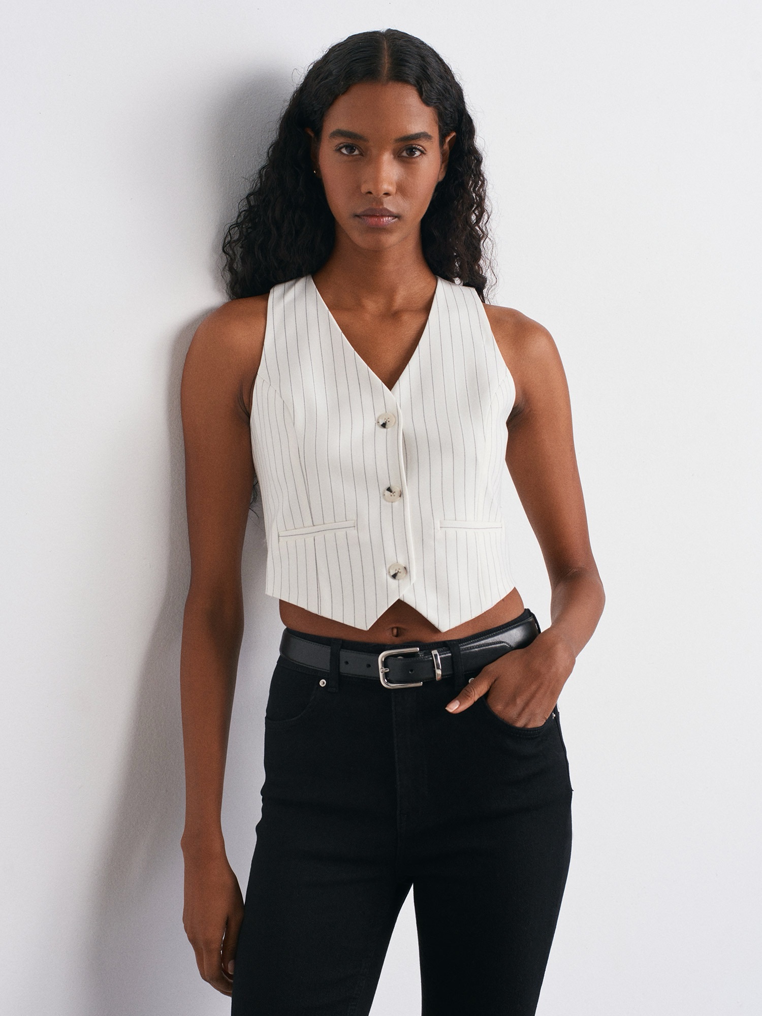 Ivory Pinstripe Lace-Back Vest - Image 3