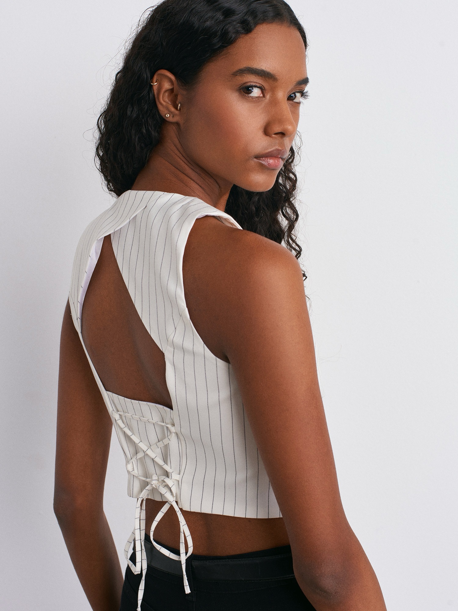Ivory Pinstripe Lace-Back Vest - Image 2