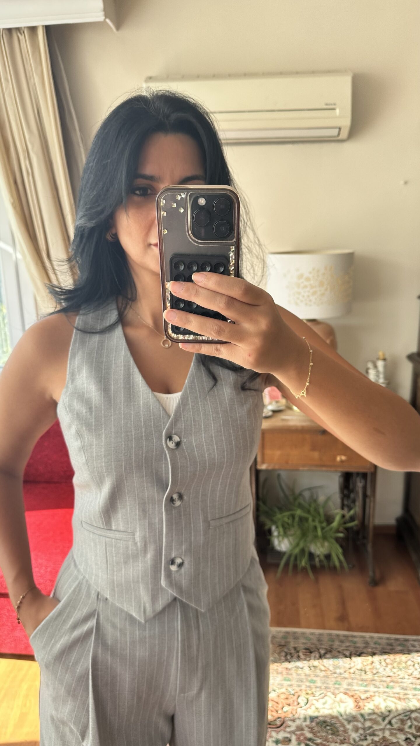 Charcoal Pinstripe Lace-Back Vest - Image 5