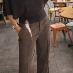 Brown Luxe Seam Pants-Mid rise waist