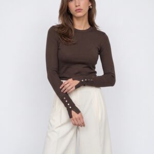 Button Cuff Knit Top – Chocolate Brown