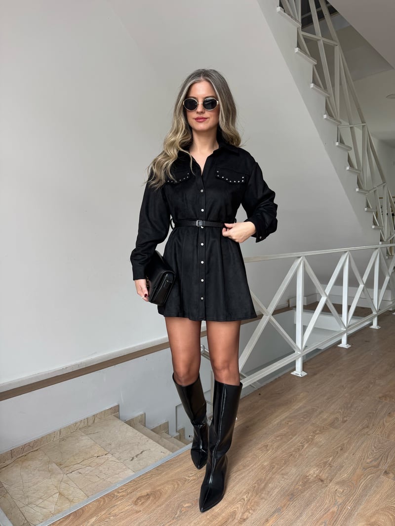 Studded Suede Mini Dress with Belt - Image 3