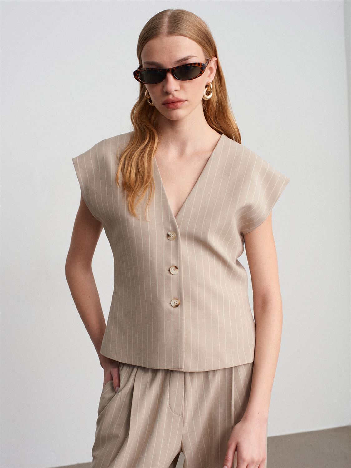 Sable Tailored Pinstripe Vest – Sand Beige - Image 5
