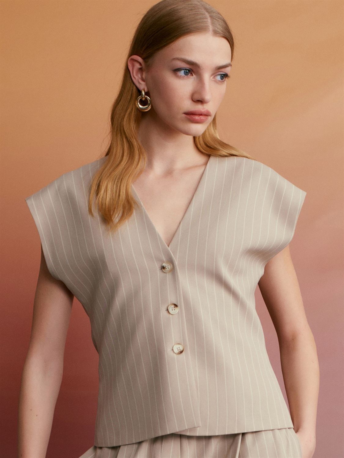 Sable Tailored Pinstripe Vest – Sand Beige - Image 4