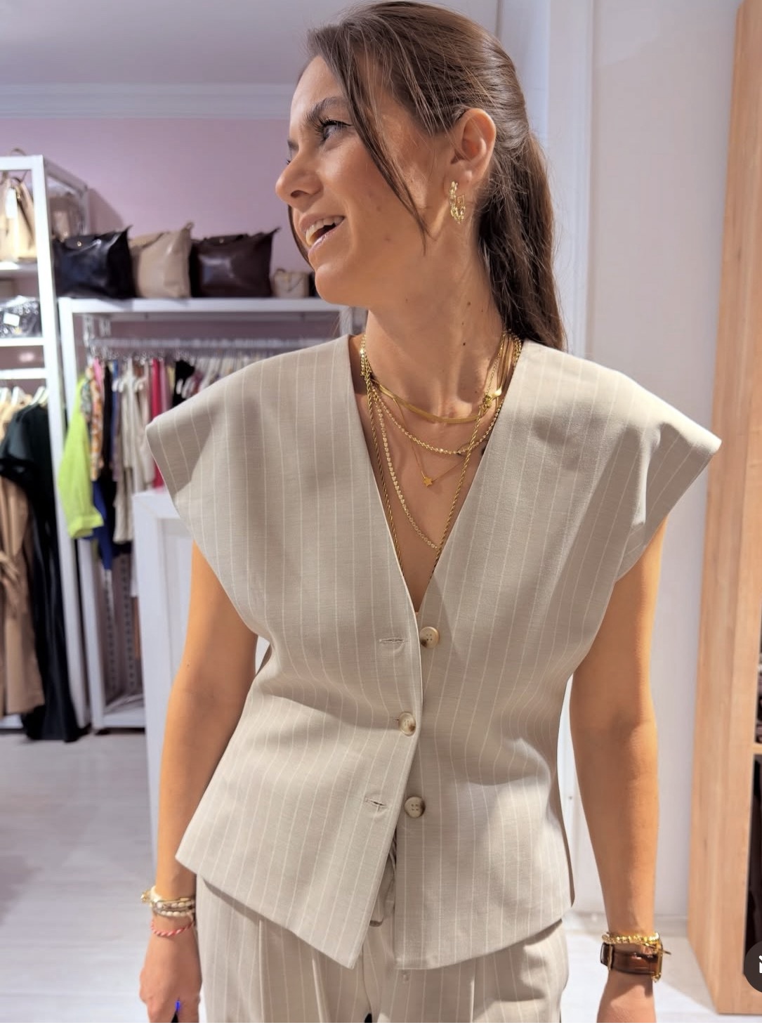 Sable Tailored Pinstripe Vest – Sand Beige - Image 9
