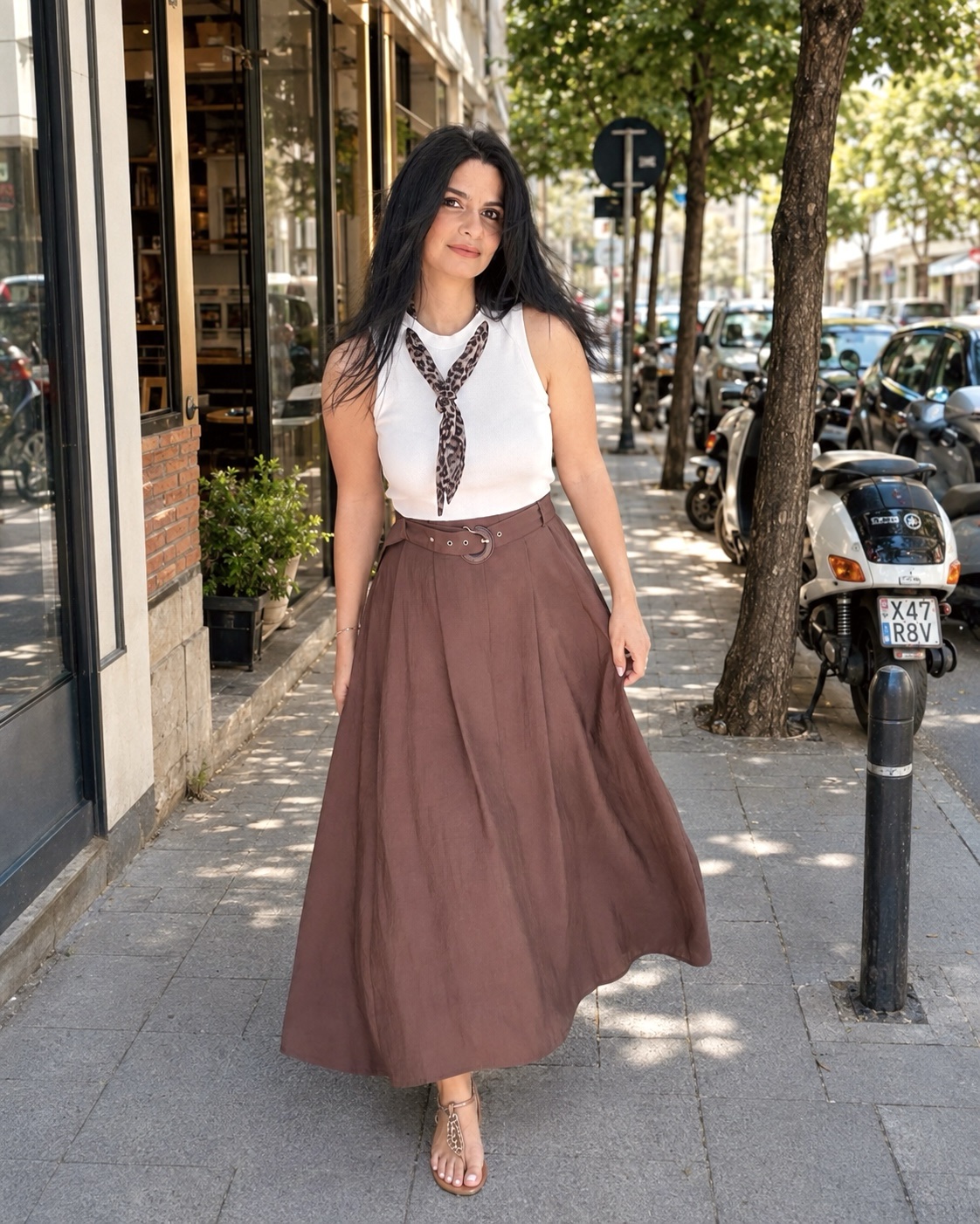 Leopard Tie Midi Dress – Mocha Elegance