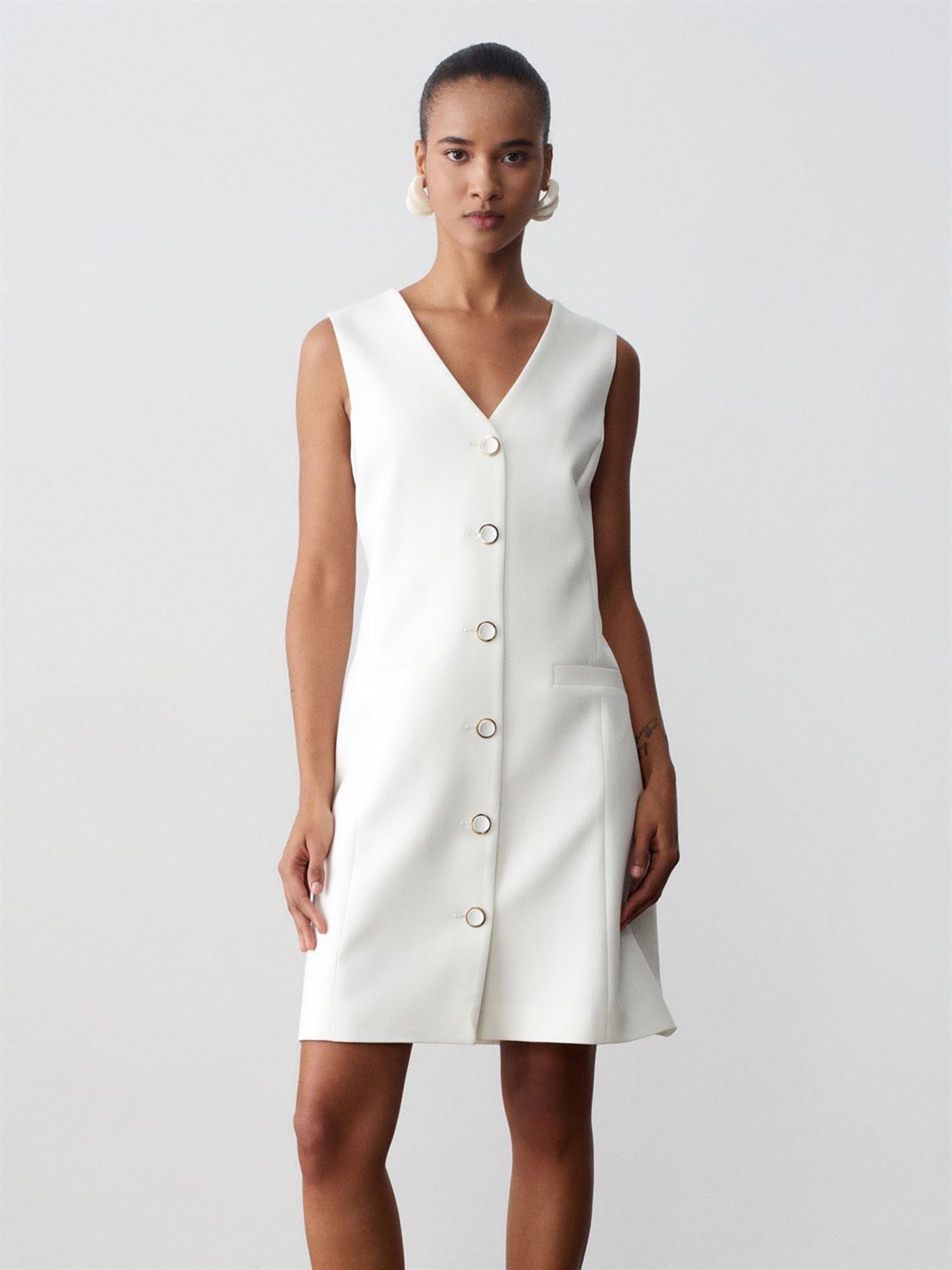 Ivory Tailored Button Mini Dress - Image 2