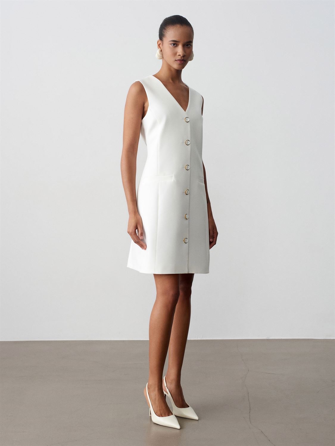 Ivory Tailored Button Mini Dress - Image 4