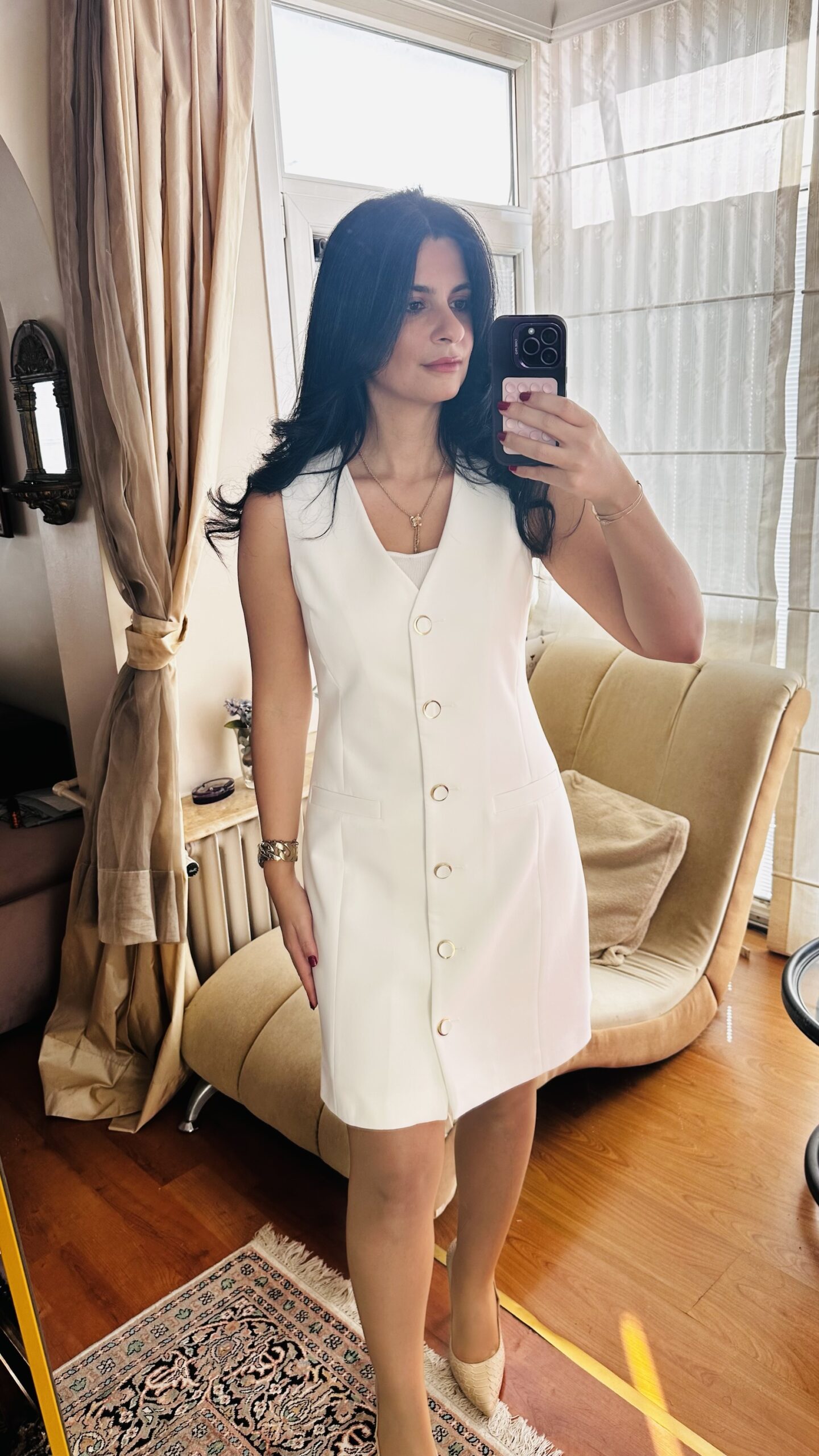 Ivory Tailored Button Mini Dress - Image 8