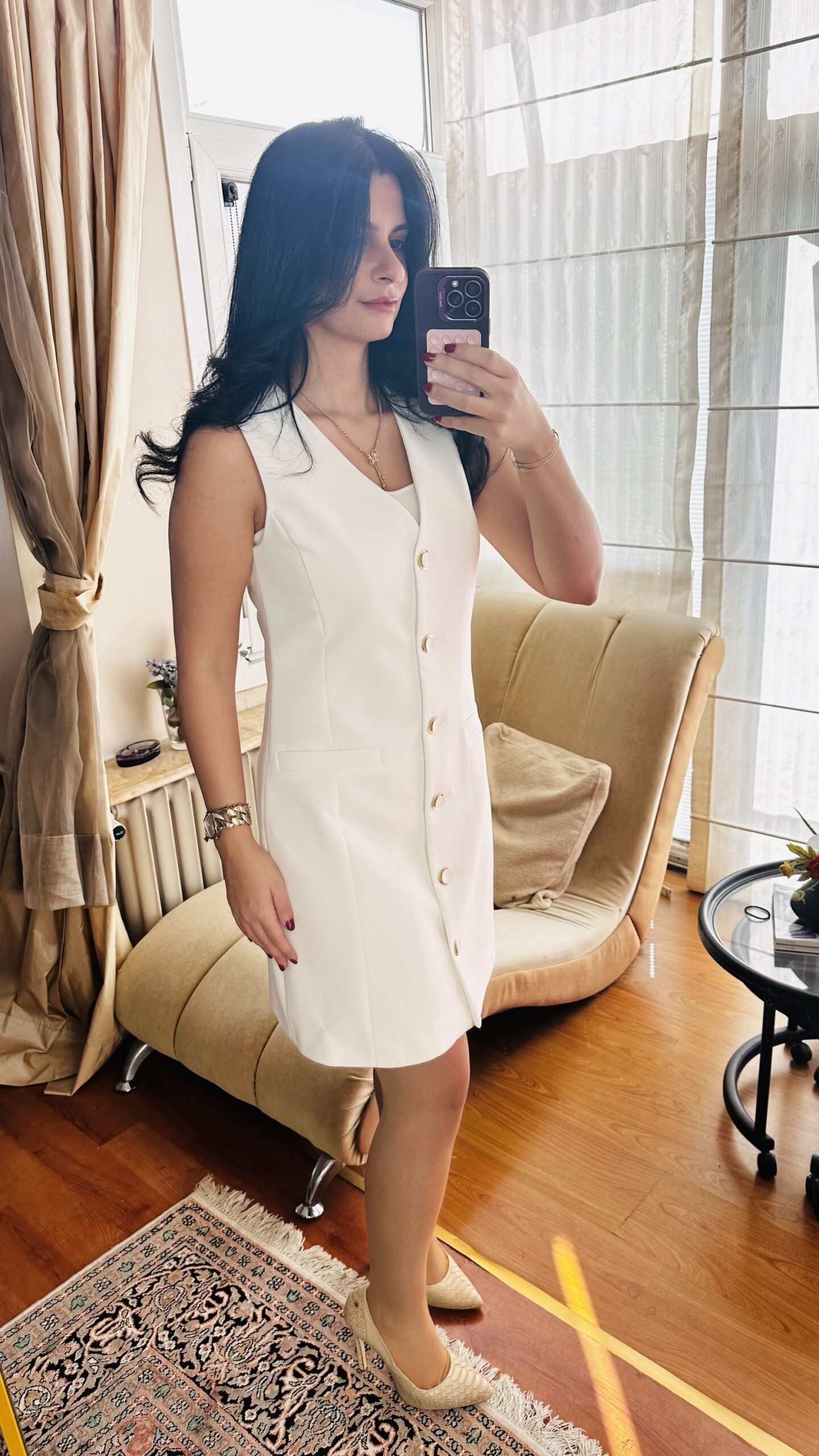 Ivory Tailored Button Mini Dress - Image 9
