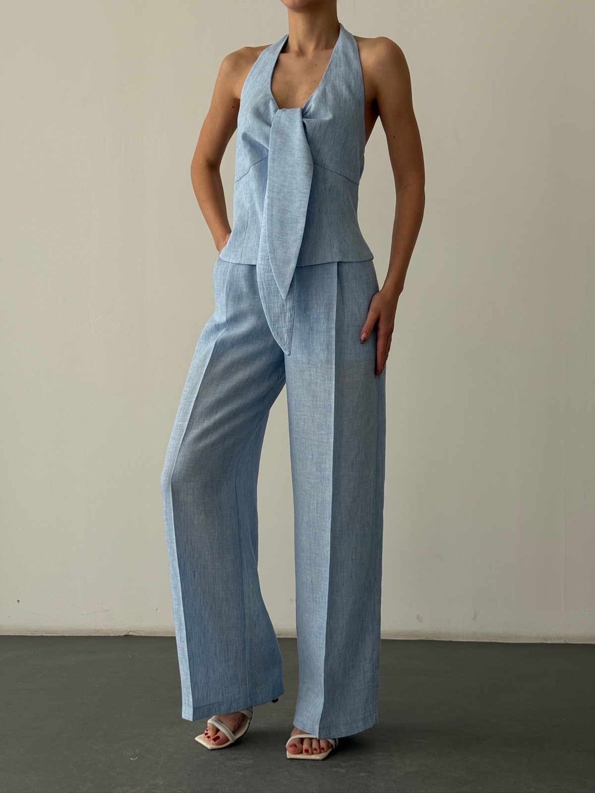 Sky Blue Linen Wide-Leg Pan - Image 5