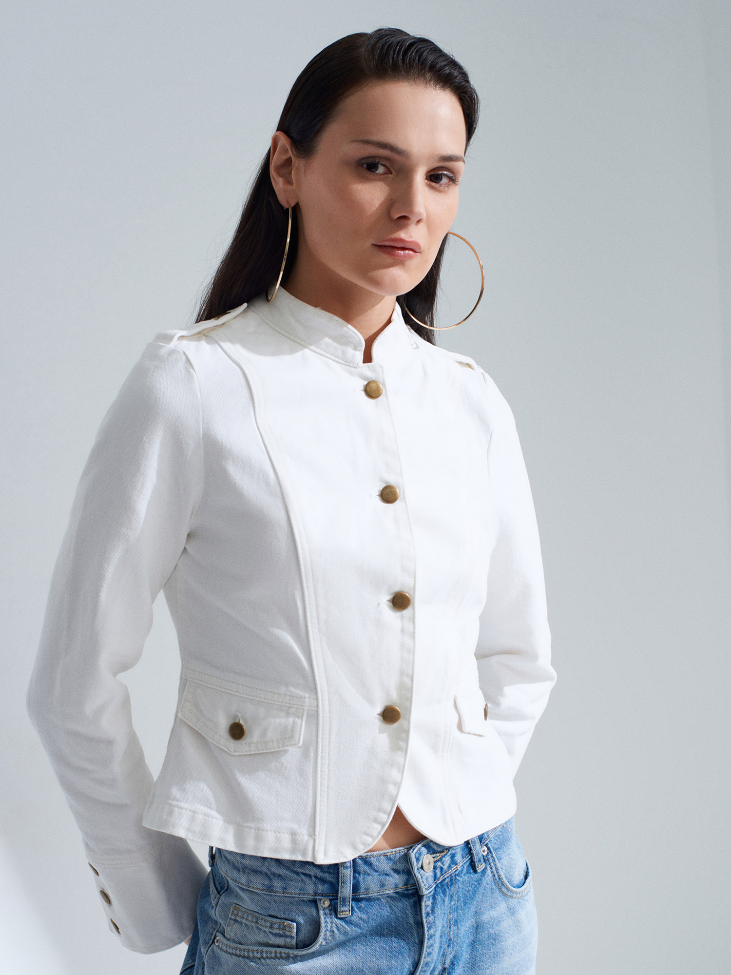 Military Button Cotton Jacket – White - Image 5