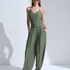 Lyocell Halter Utility Jumpsuit – Khaki Green- preorder -10 days
