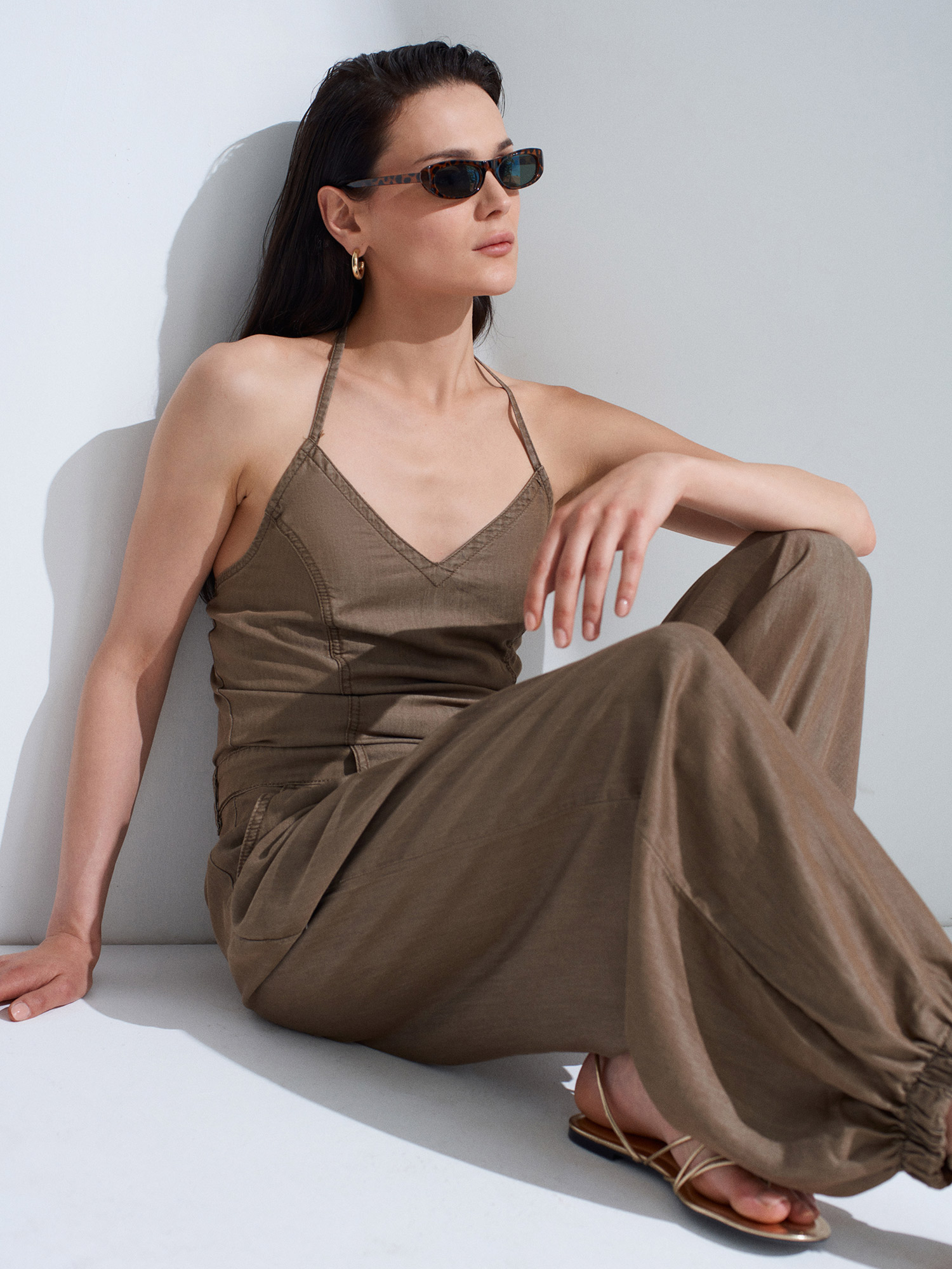 Lyocell Halter Utility Jumpsuit – mocha brown- preorder -10 days