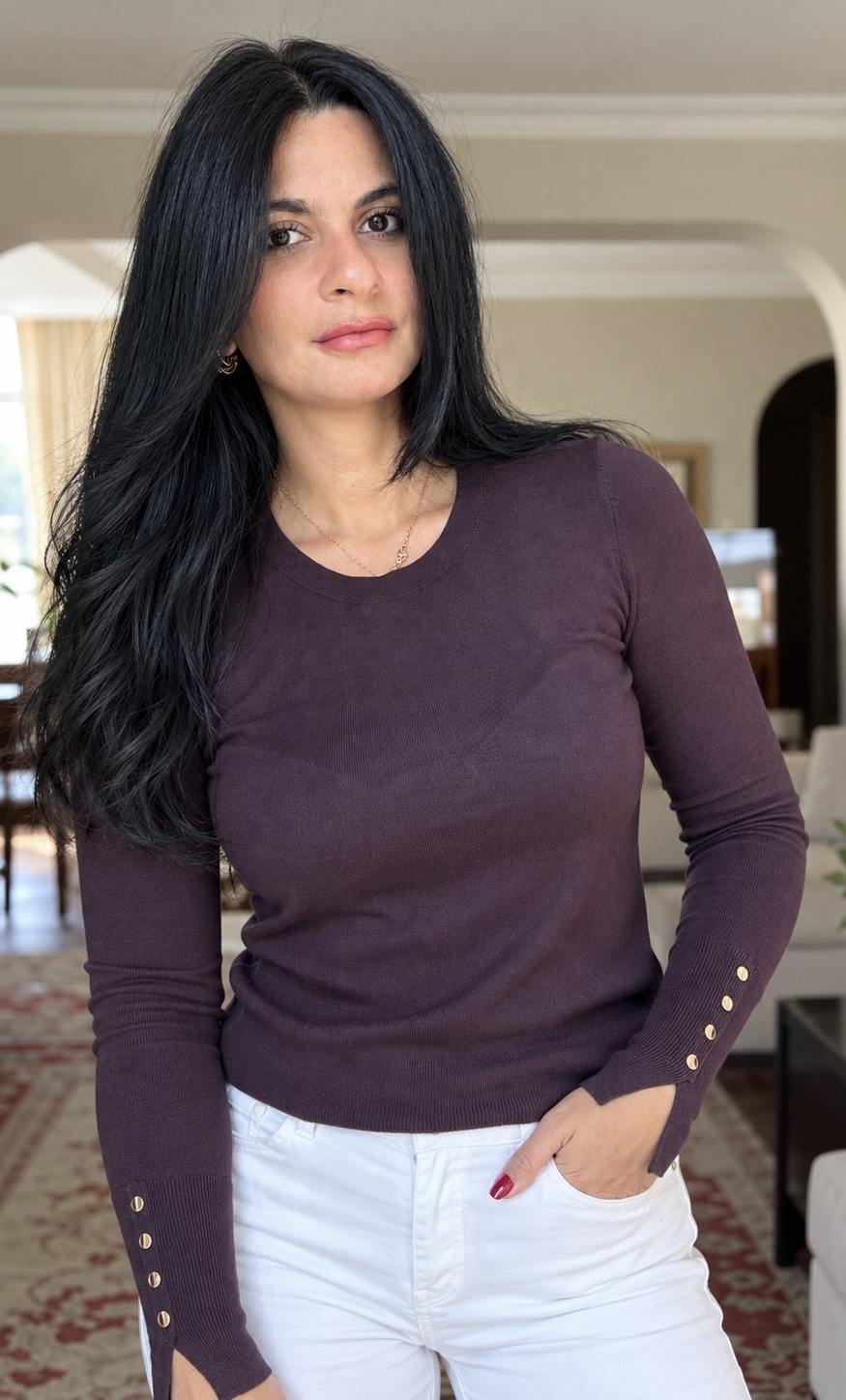 Button Cuff Knit Top – plum - Image 3