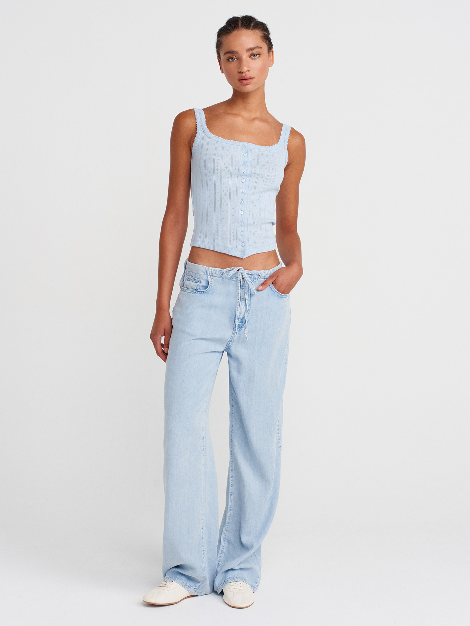 Ice Blue Tie-Waist Lyocell Pants - Image 4