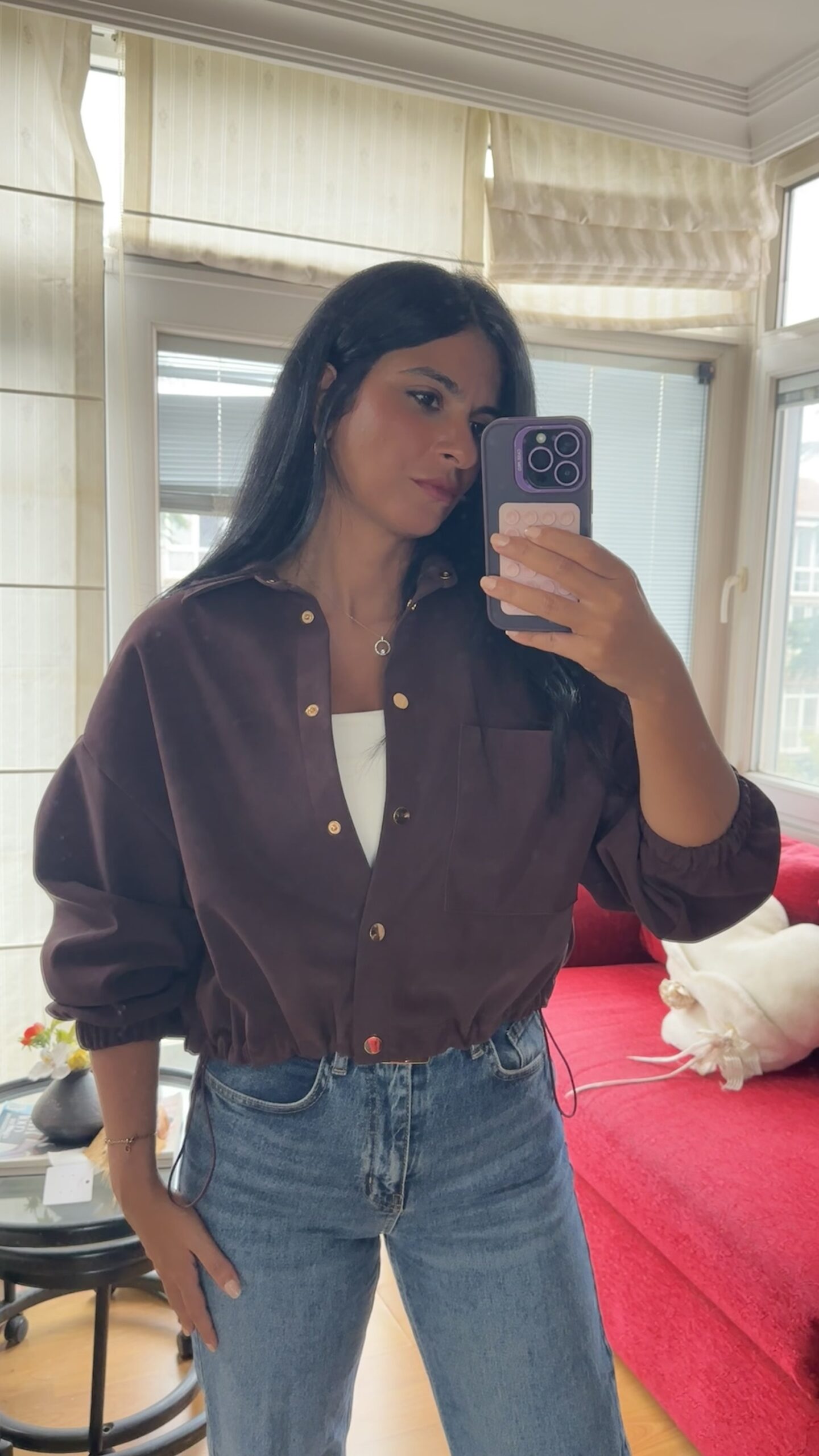 Burgundy Suede Bomber Jacket - Image 5