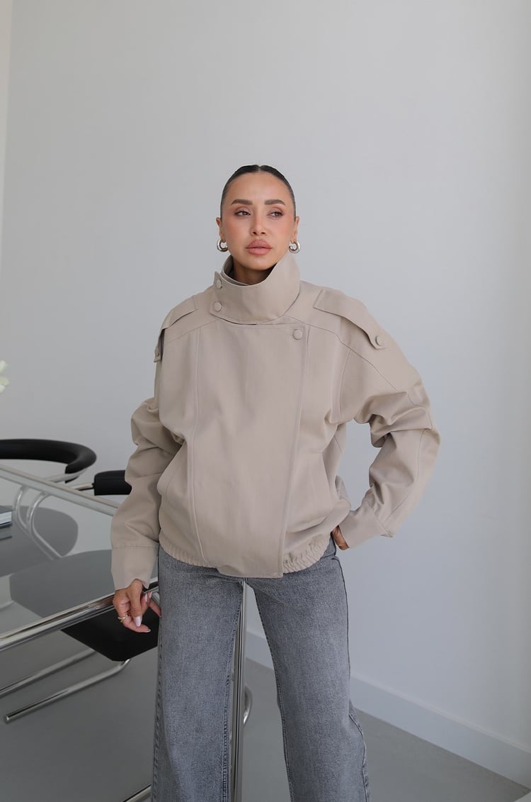 Oslo High-Neck Oversized Jacket – Stone Beige - Image 6