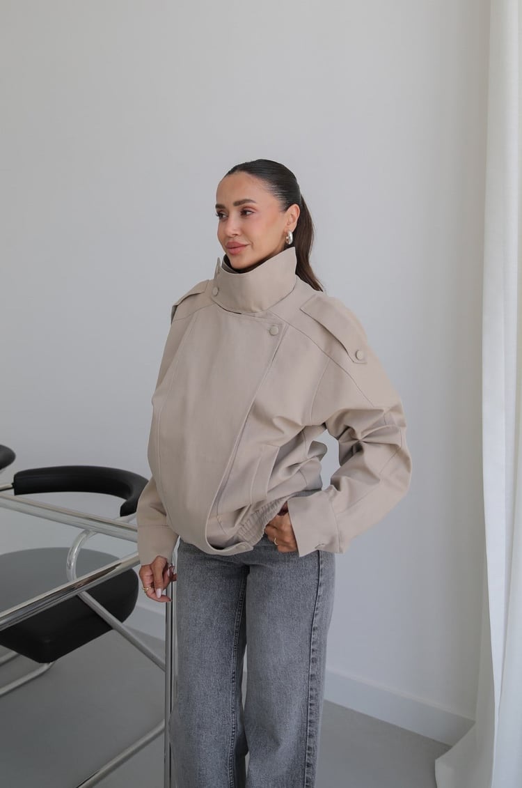 Oslo High-Neck Oversized Jacket – Stone Beige - Image 7