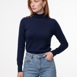 Mila Button-Shoulder Knit Top -Navy
