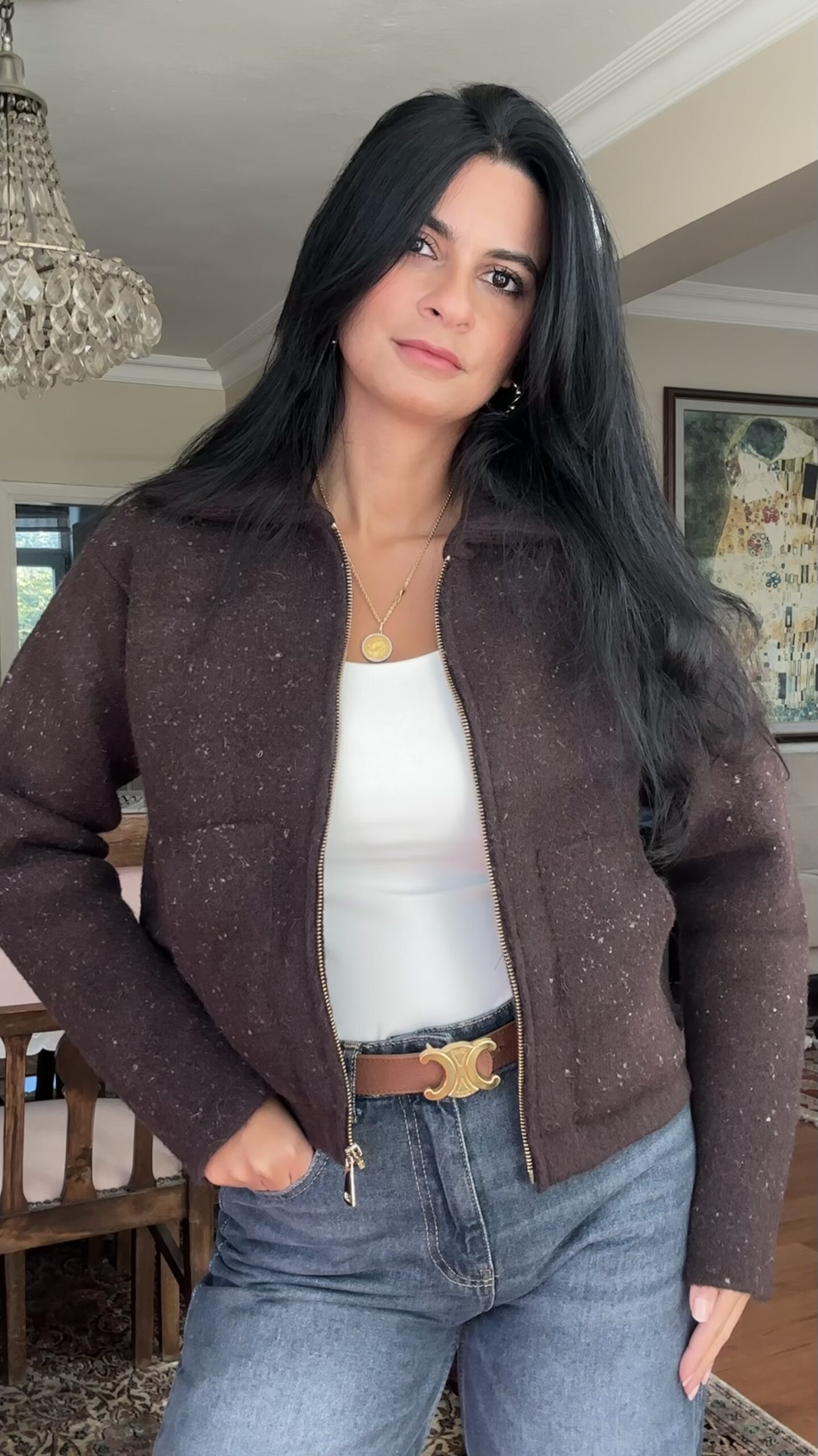 Alba Speckled Zip Knit Jacket – Brown - Image 2